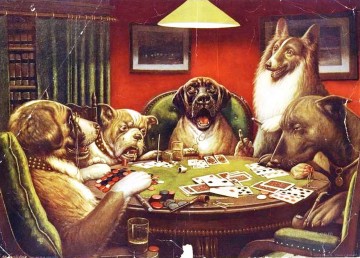 Animal actuando humano Perros jugando a las cartas. Pinturas al óleo